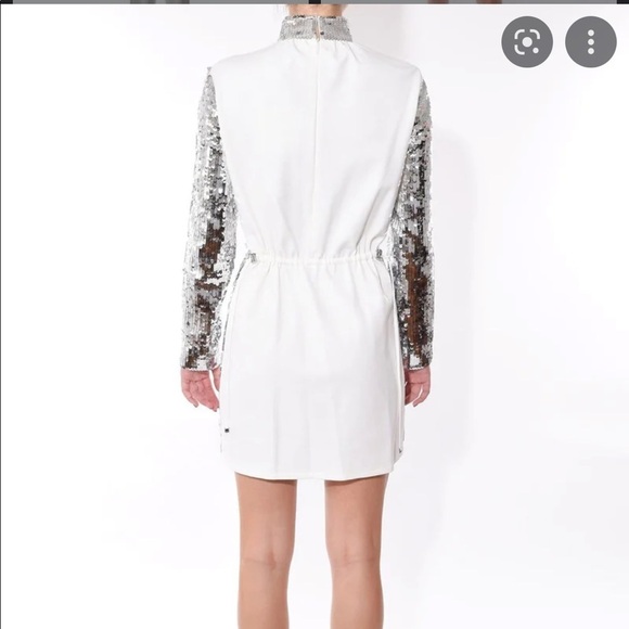 TIBI- Sliver Sequin Drawstring High Neck Contrasting Longsleeve Mini Dress - Picture 5 of 9